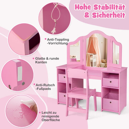 Kids Vanity Table and Chair Set with Removable Mirrors and 4 Storage Bins-Pink