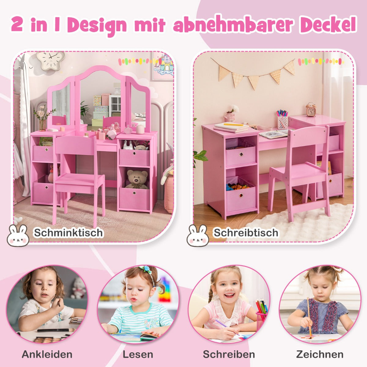 Kids Vanity Table and Chair Set with Removable Mirrors and 4 Storage Bins-Pink
