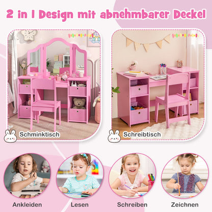 Kids Vanity Table and Chair Set with Removable Mirrors and 4 Storage Bins-Pink