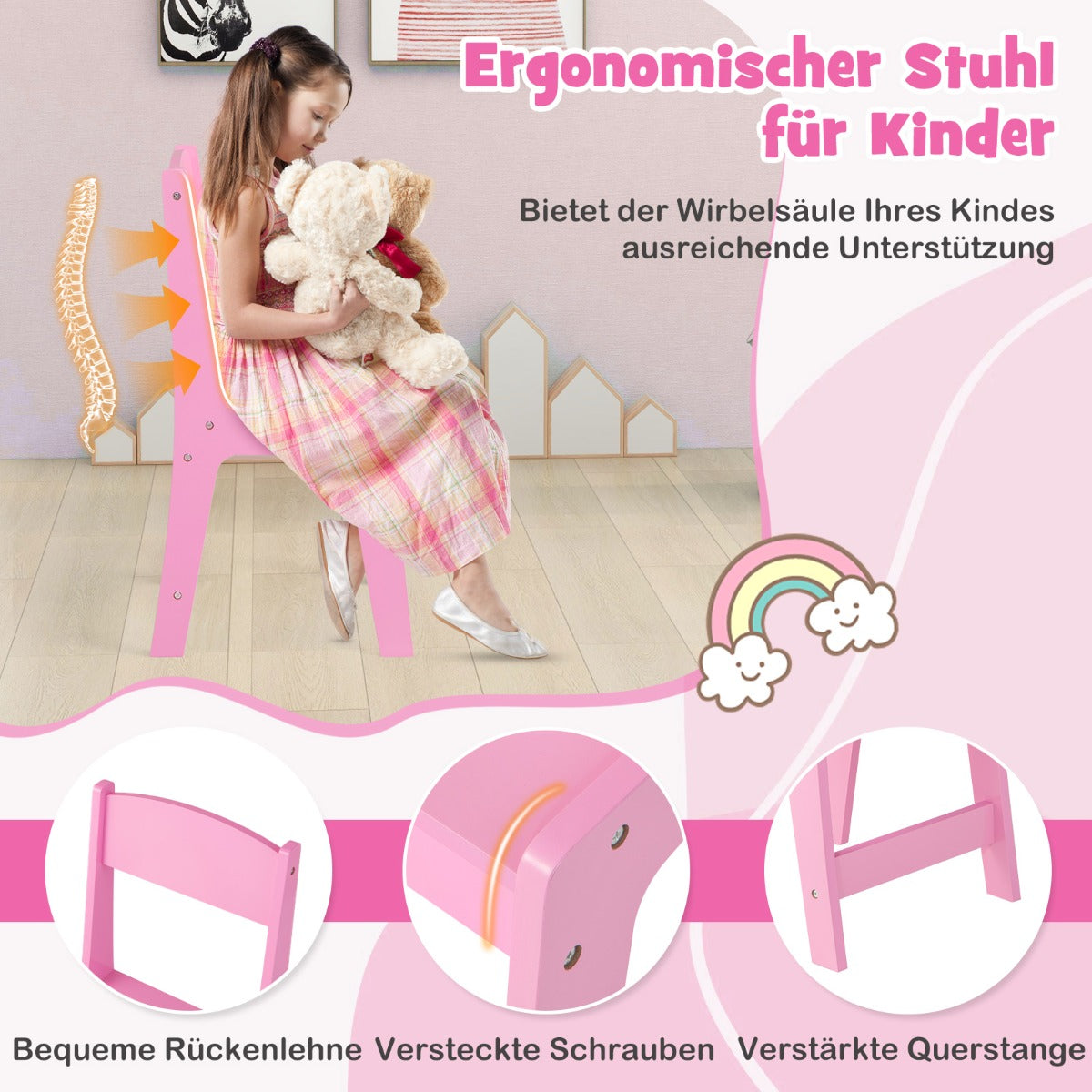 Kids Vanity Table and Chair Set with Removable Mirrors and 4 Storage Bins-Pink