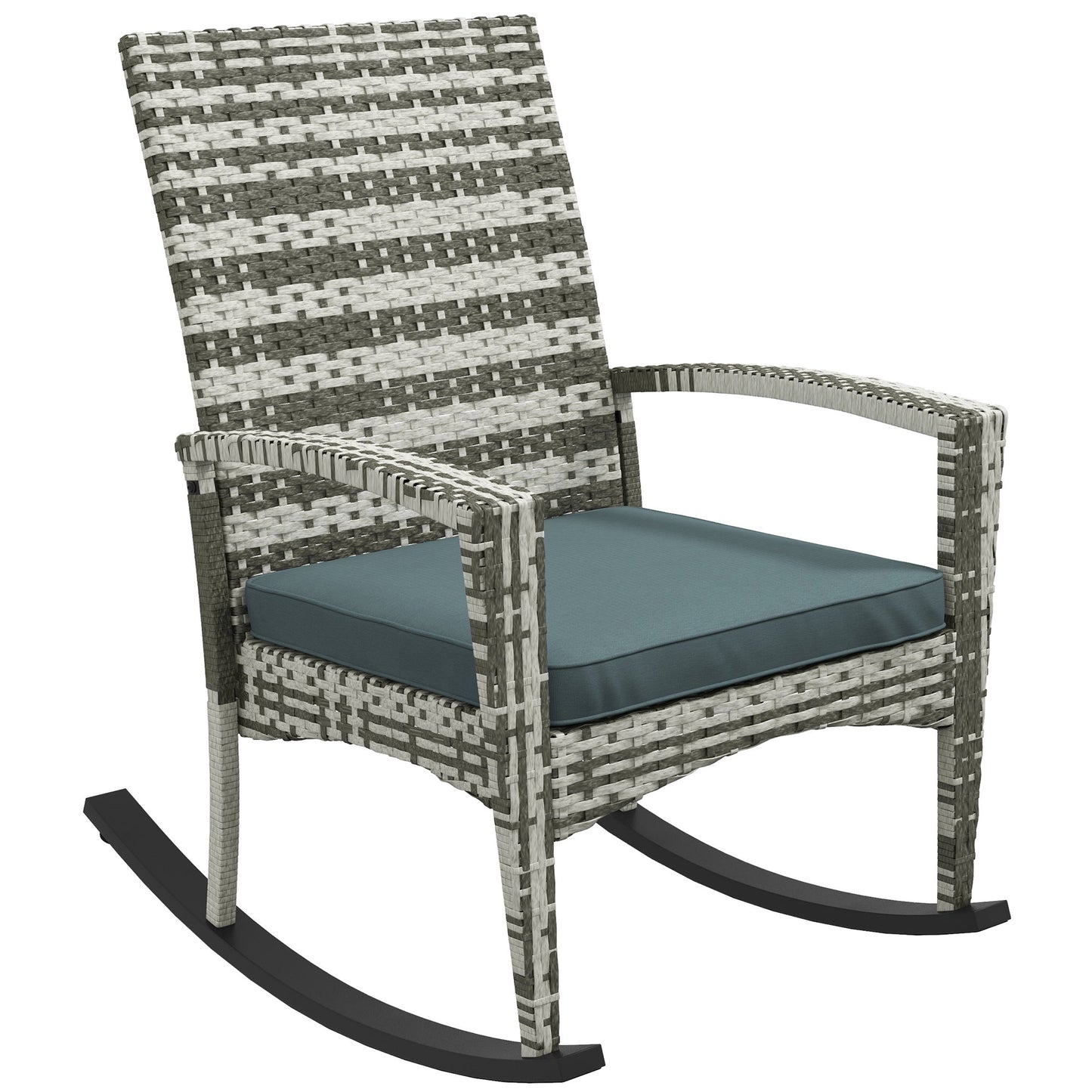 Outsunny Outdoor PE Rattan Rocking Chair, Garden Rocking Chair Set with Armrest and Cushion, Light Grey