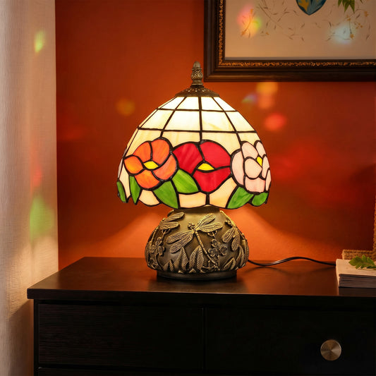 HOMCOM Handcrafted Classic Stained Glass Bedside Lamp, Tiffany-Style Table Lamp with Sculpted Dragonfly Base, Multi-Coloured