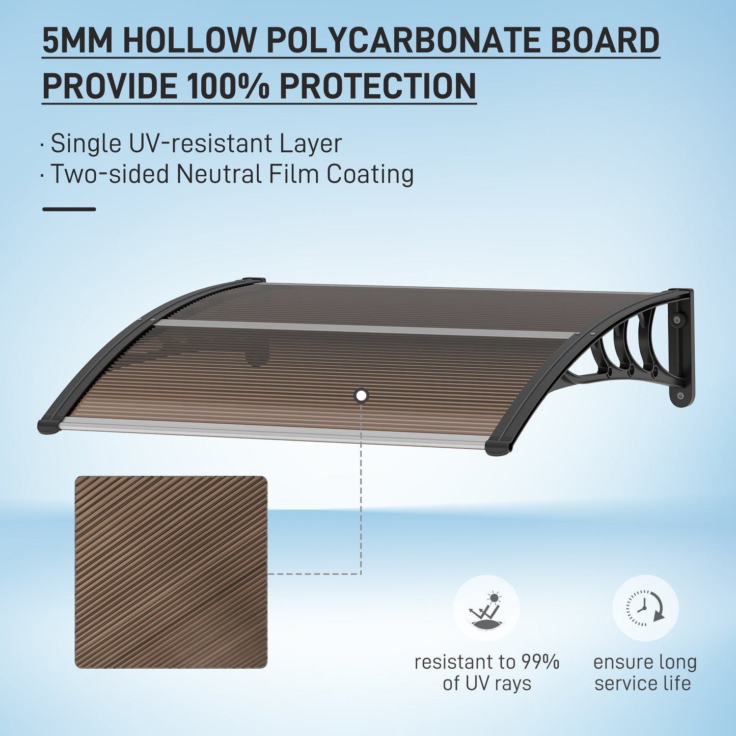 Outsunny Front Door Canopy Outdoor Awning Aluminium Rigid Plastic Polycarbonate Rain Shelter UV Water Rain Resistant 120 x 75cm Brown