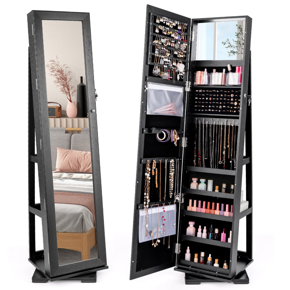 Full Length Mirrored Jewellery Cabinet Rotates 360° with Open Display Shelves-Black