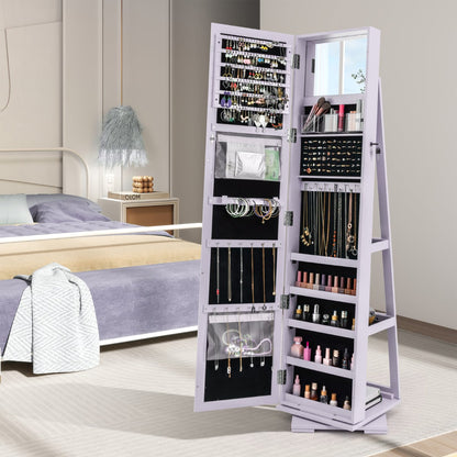 Full Length Mirrored Jewellery Cabinet Rotates 360° with Open Display Shelves-Purple