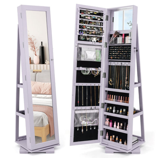 Full Length Mirrored Jewellery Cabinet Rotates 360° with Open Display Shelves-Purple