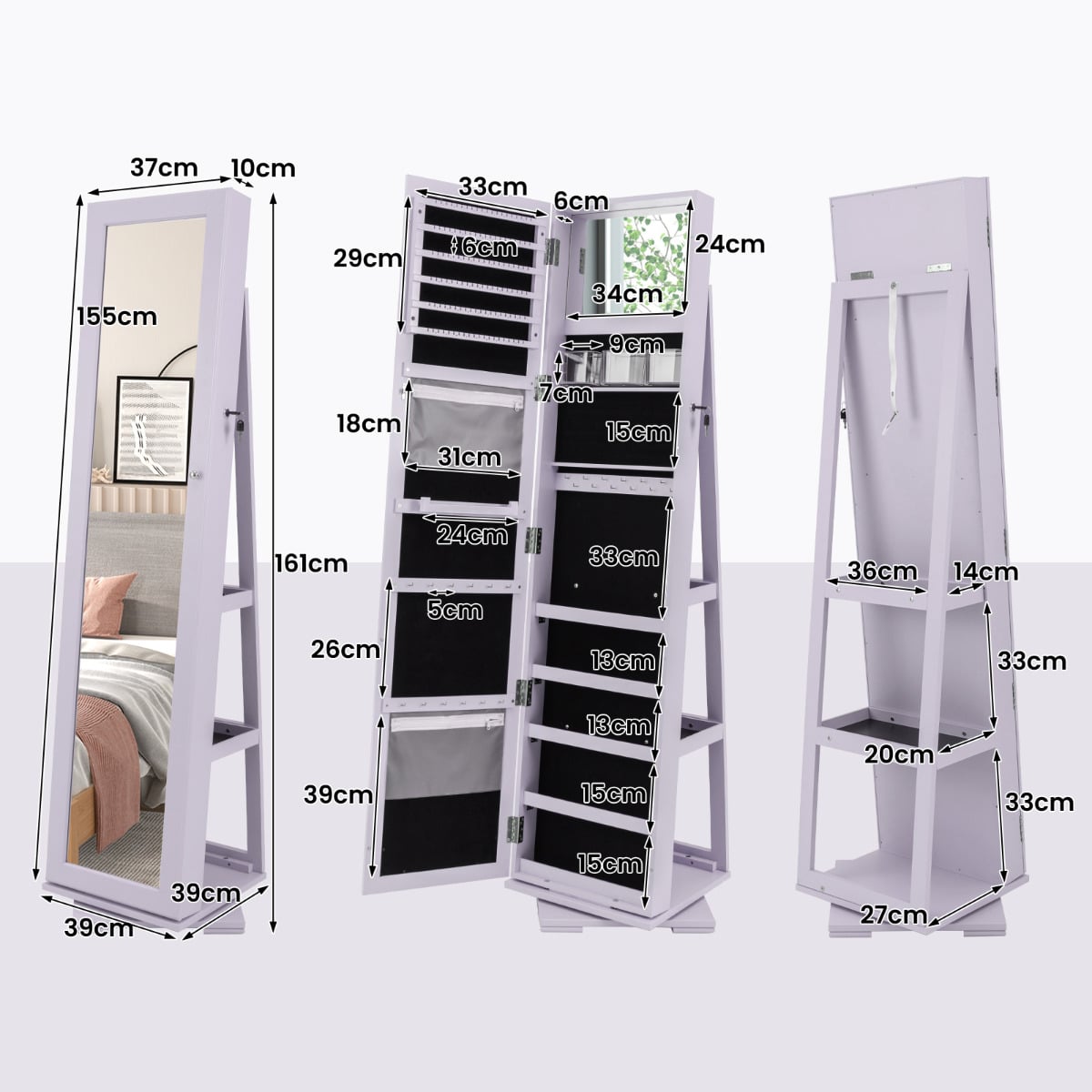 Full Length Mirrored Jewellery Cabinet Rotates 360° with Open Display Shelves-Purple