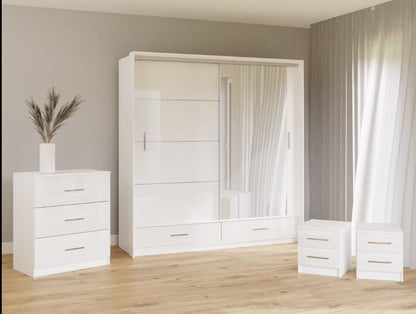 Warrington Bedroom Set with 208cm Wardrobe, Bedside and Chest - White, Grey, Black