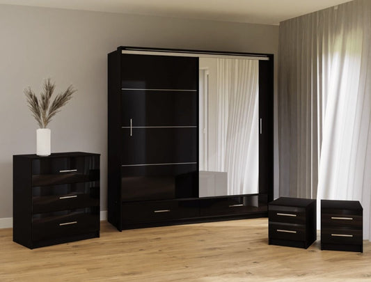 Warrington Bedroom Set with 208cm Wardrobe, Bedside and Chest - Black, Grey, White