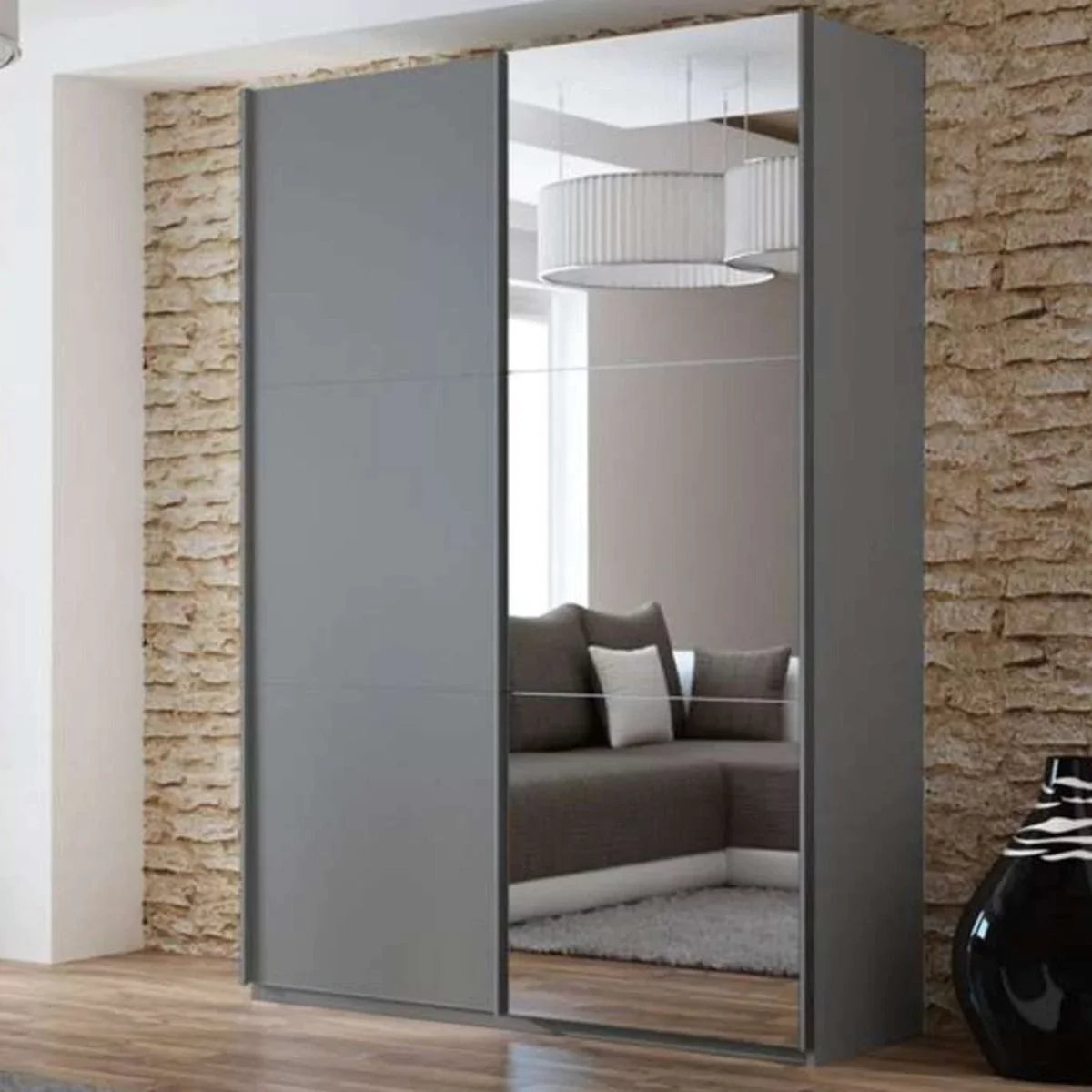 Boris Mirror Sliding Door 150cm Wardrobe - White, Black, Graphite