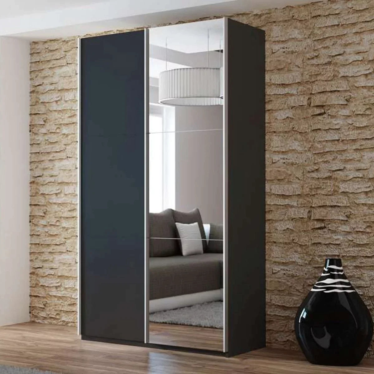 Boris Sliding Door 120cm Wardrobe with Mirror - Black, White, Graphite