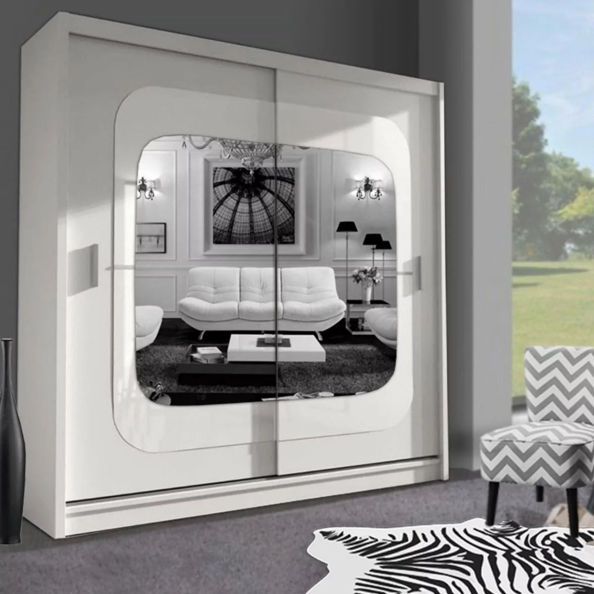 Chelsea White with Black Strip 2 Door Mirrored Sliding Wardrobe - 150cm and 203cm