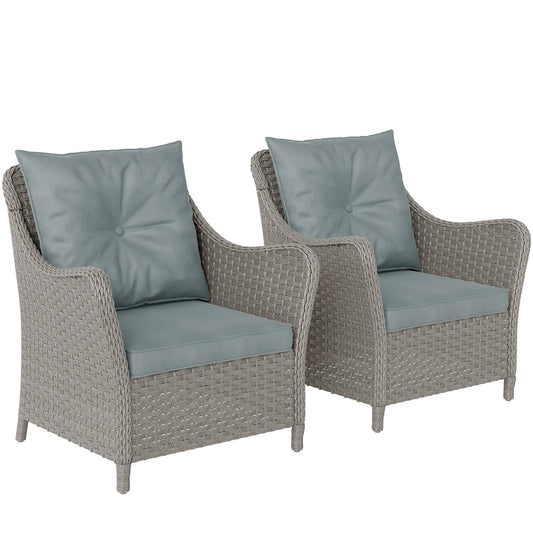 Outsunny Rattan Garden Chairs Set of 2, Outdoor Rattan Chairs with Cushions, Armrests and High Back, PE Wicker Garden Armchair with Steel Frame for Balcony, Porch, Light Grey