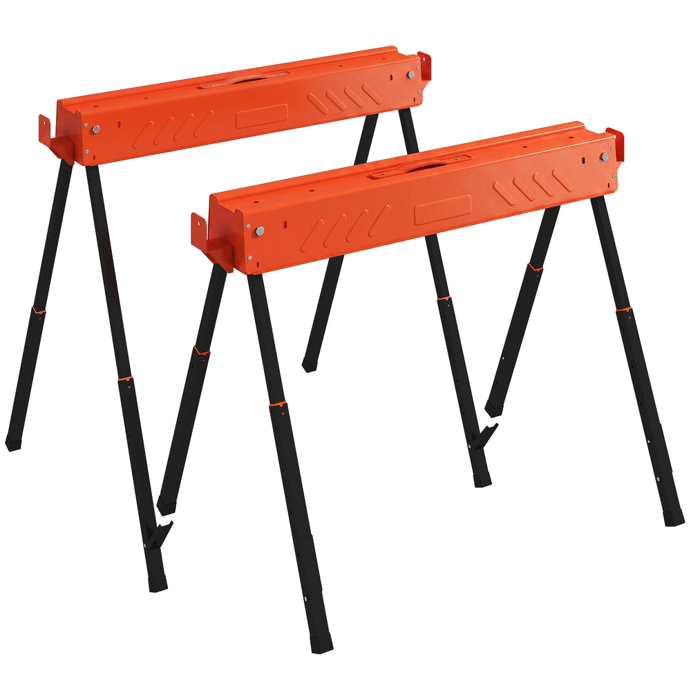 HOMCOM Saw Horses Twin Pack, Folding Work Bench Sawhorses with Height Adjustable Legs, 2x4 Bracket, Orange