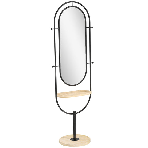 HOMCOM Oval Full Length Mirror with Wooden Tray and 4 Hooks - Black