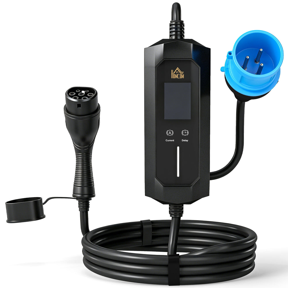 HOMCOM EV Charger 7kW Type 2 to CEE 32A Plug with UK Adapter, 10 m, 6-32A, Electric Car Charger w/ 1-12 h Time Delay