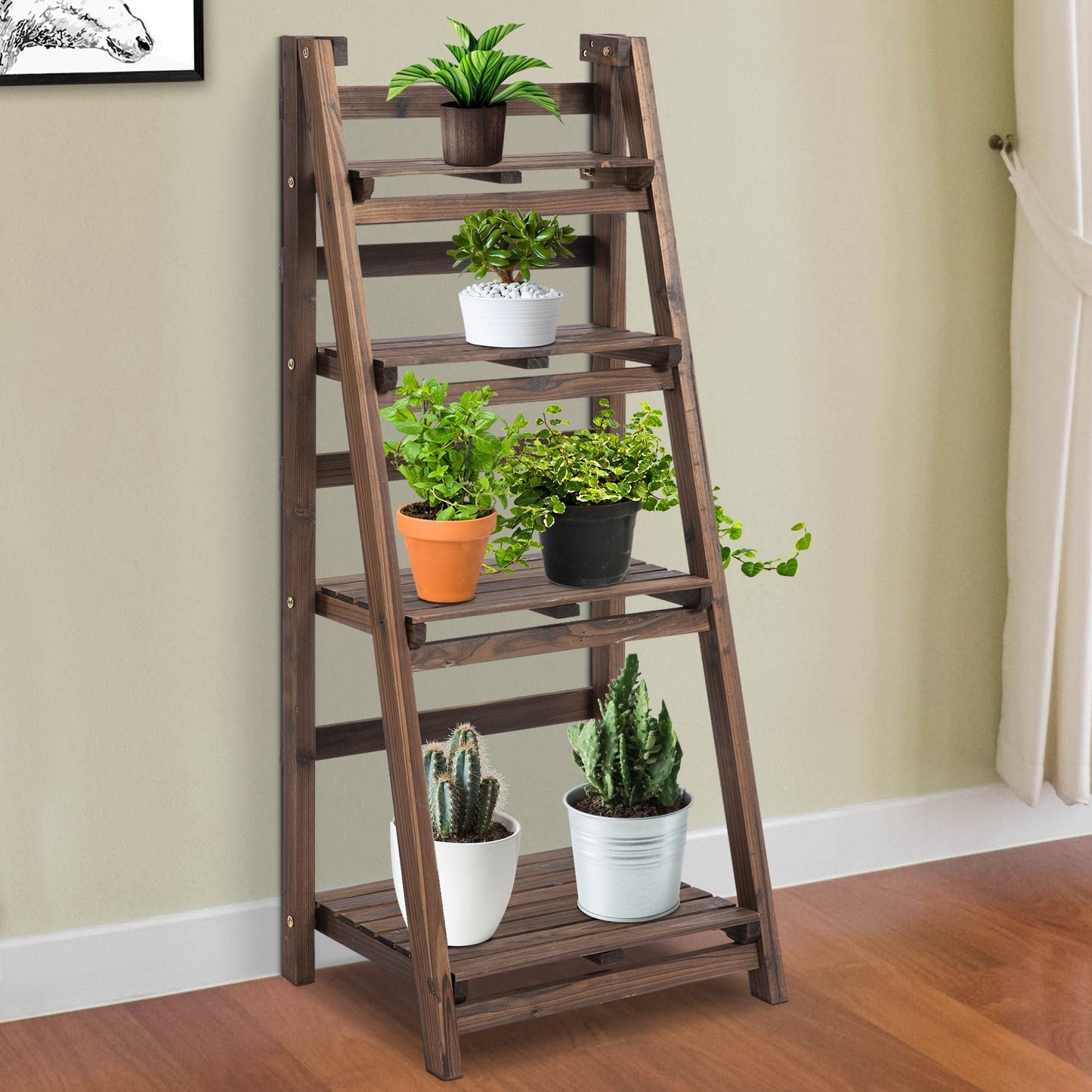 Outsunny 4-Tier Foldable Plant Stand, Wooden Ladder Shelf, Flower Pots Holder for Indoor Outdoor, 45L x 35W x 108H cm