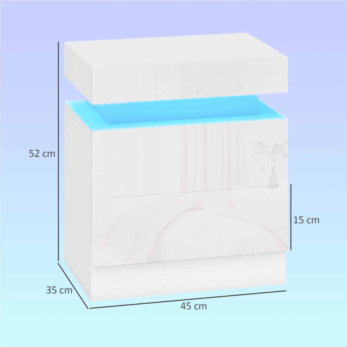 HOMCOM White Bedside Table with LED Light, High Gloss Front Nightstand with 2 Drawers, for Living Room, Bedroom, Set of 2