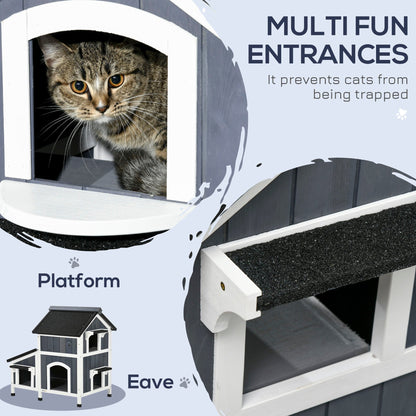 PawHut Wooden Cat House with Flower Pot, Windows, Multiple Entrances, Water-Resistant Roof for Outdoor - Grey