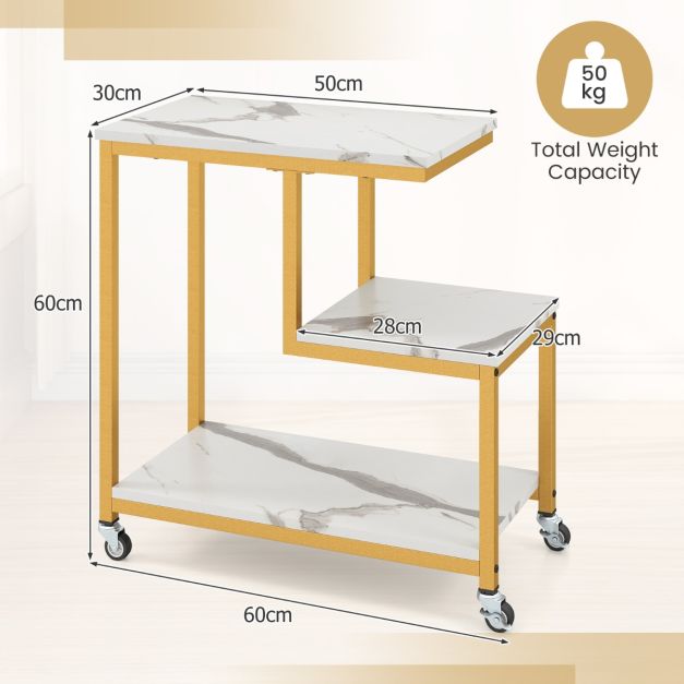 3-Tier Small Sofa Couch Side Table with Lockable Casters for Living Room-White