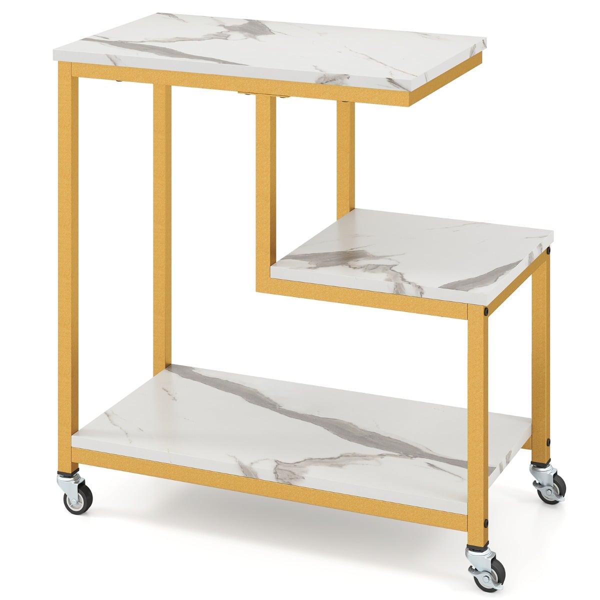 3-Tier Small Sofa Couch Side Table with Lockable Casters for Living Room-White