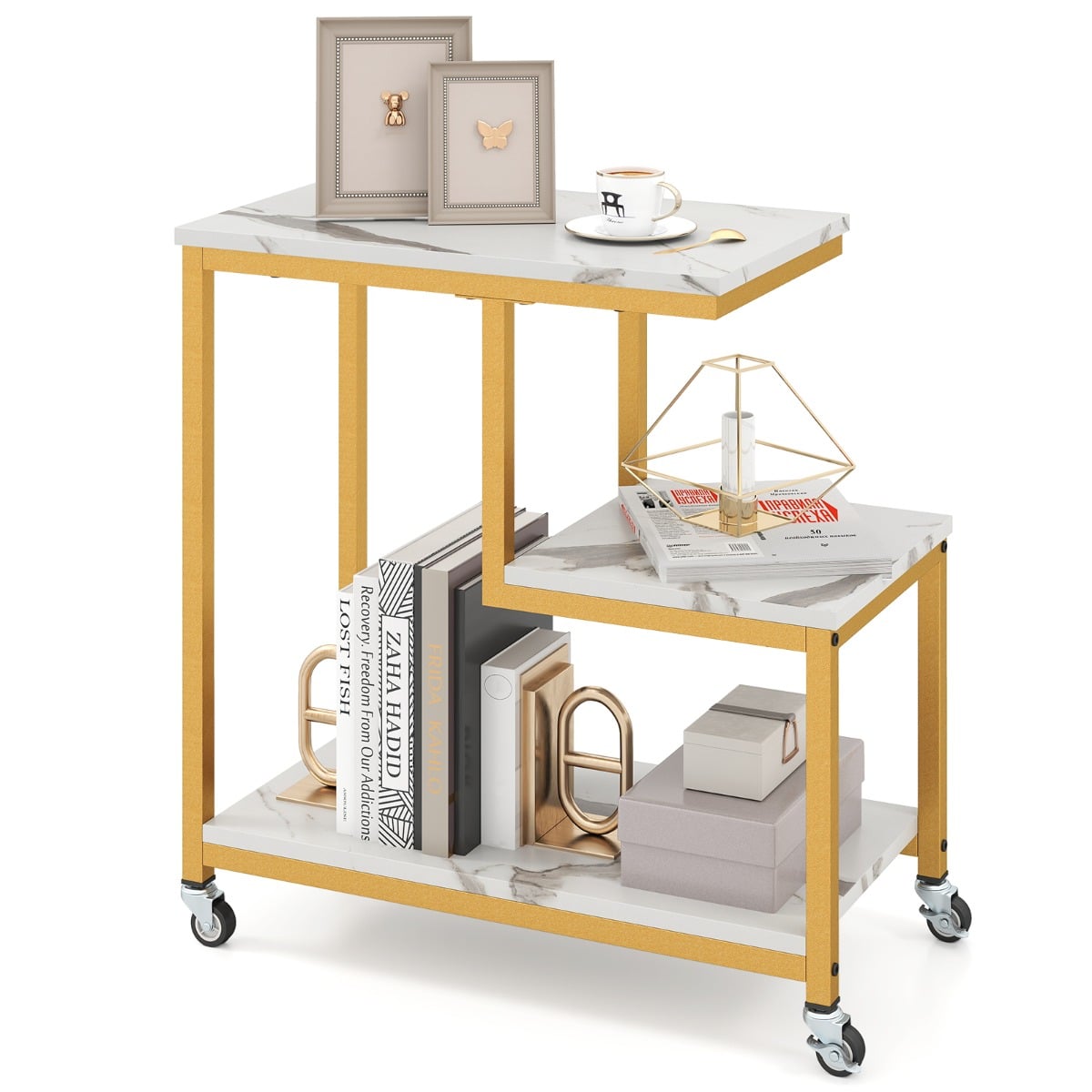 3-Tier Small Sofa Couch Side Table with Lockable Casters for Living Room-White