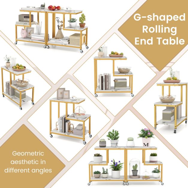 3-Tier Small Sofa Couch Side Table with Lockable Casters for Living Room-White