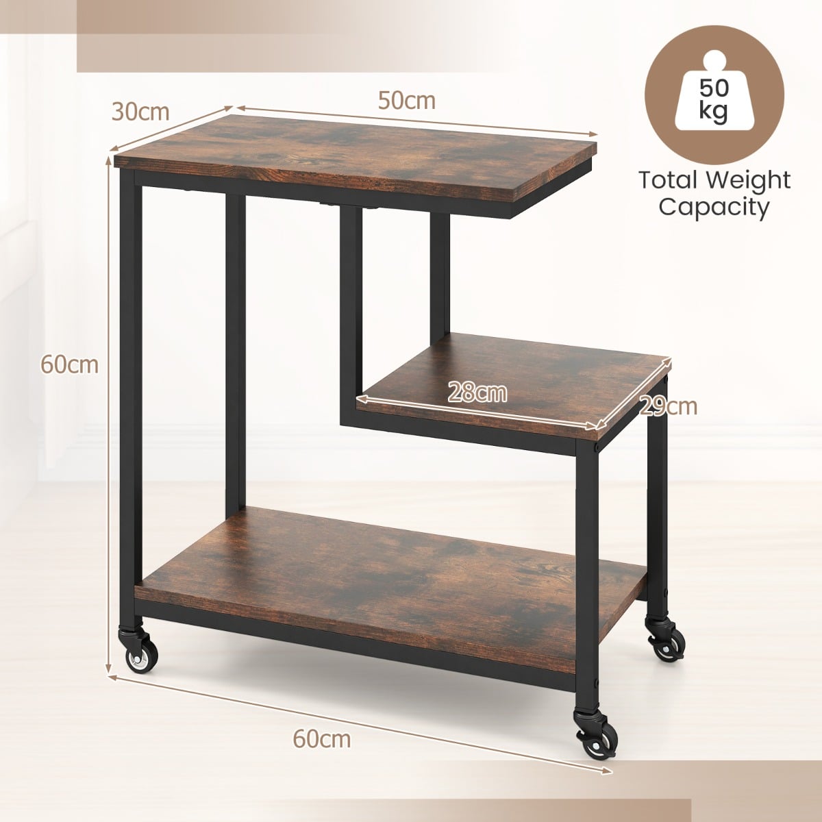 3-Tier Small Sofa Couch Side Table with Lockable Casters for Living Room-Brown