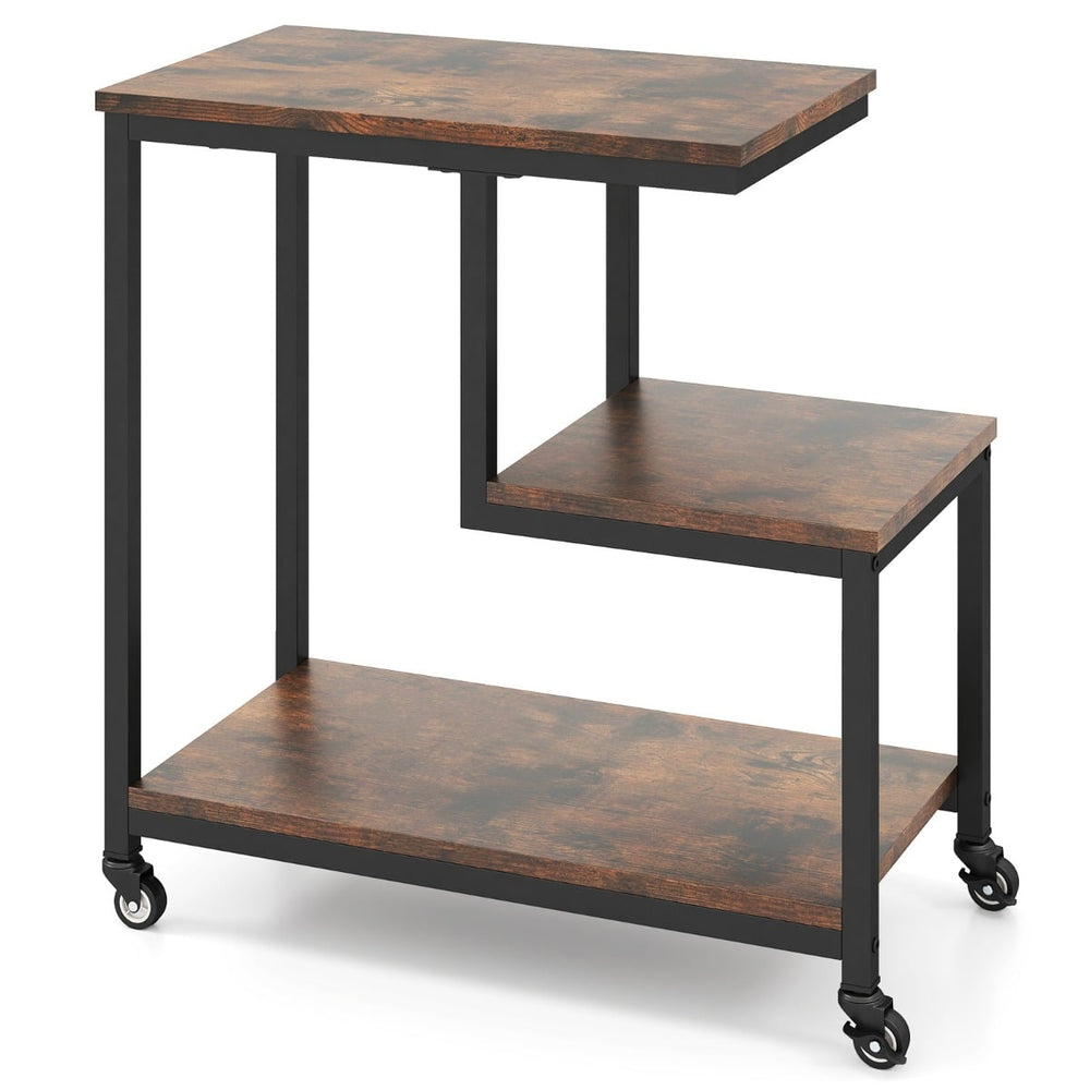 3-Tier Small Sofa Couch Side Table with Lockable Casters for Living Room-Brown