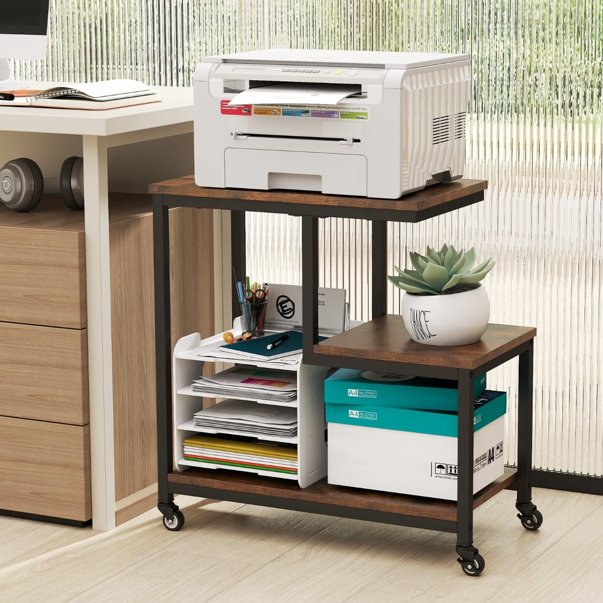3-Tier Small Sofa Couch Side Table with Lockable Casters for Living Room-Brown