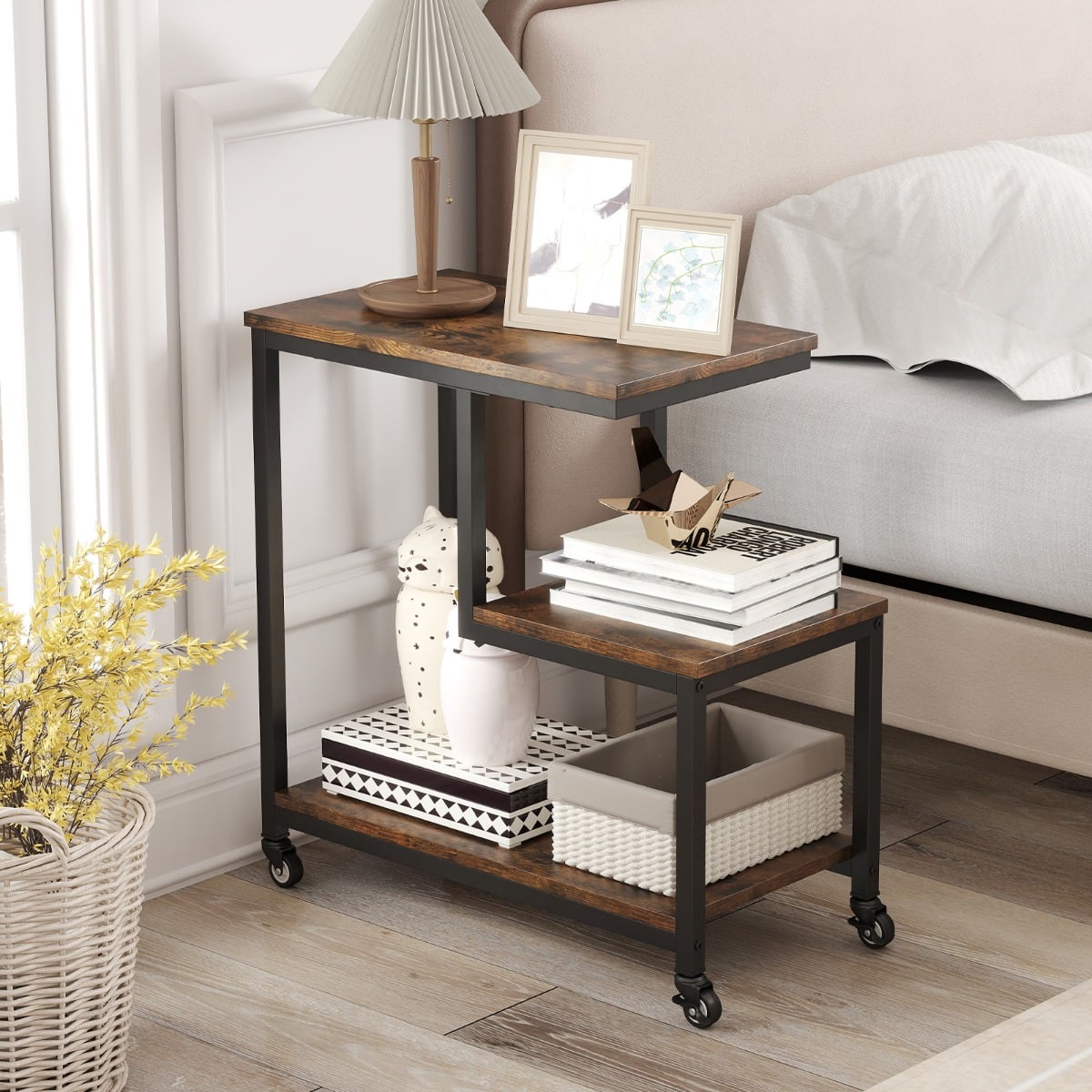 3-Tier Small Sofa Couch Side Table with Lockable Casters for Living Room-Brown