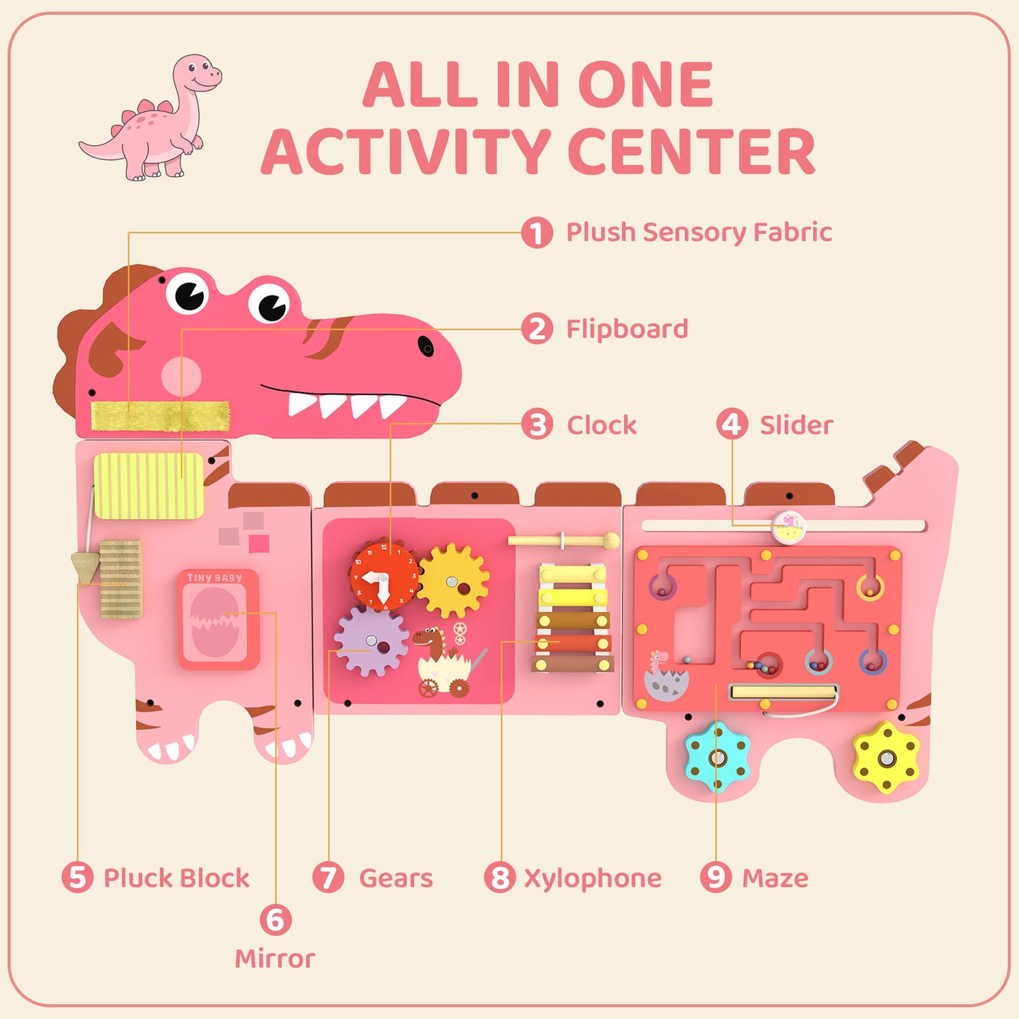 AIYAPLAY Busy Board Panels, Wall Mounted Montessori Inspired Busy Board, Toddler Learning Centre Dinosaur Theme, Pink
