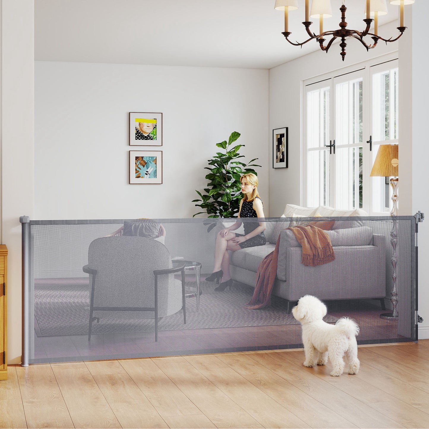 PawHut Retractable Dog Gate, Extends to 300 cm Wide & 104 cm Tall, Mesh Pet Gate Single Hand Operation, for Stairs Doorways