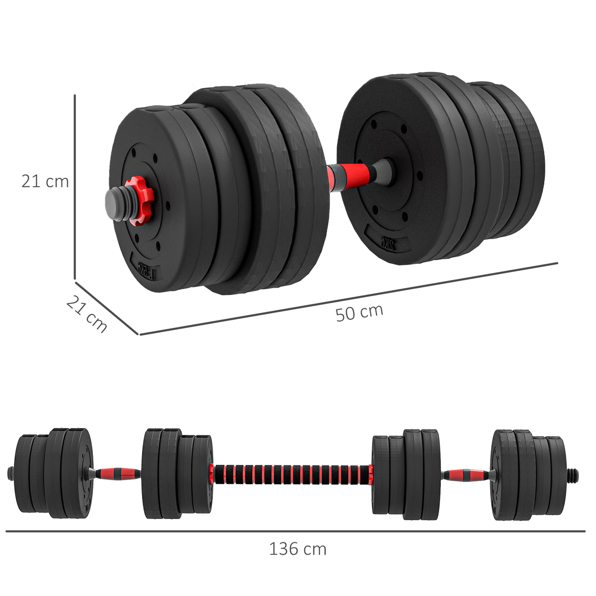 HOMCOM 30kg 2 in 1 Adjustable Dumbbell & Barbell Set, Dumbbell Hand Weight Barbell for Strength Training, Lifting Training Fitness for Home, Office, Gym, Black
