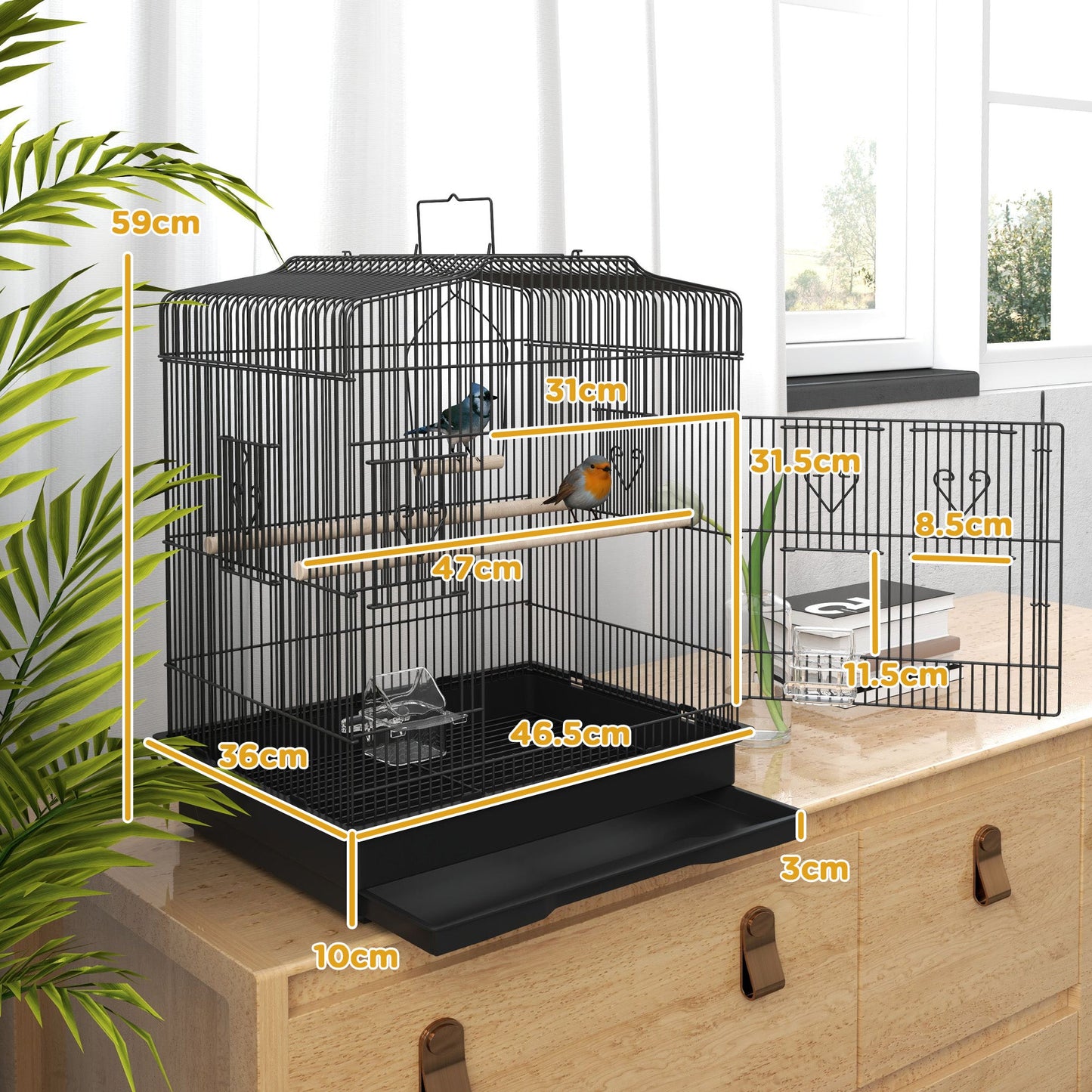 PawHut Large Metal Bird Cage with Perches, Food Bowls, Swing, for Budgies, Parakeets, Black