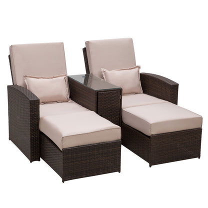 Outsunny Outdoor Garden Rattan Companion Sofa Chair & Stool Lounger Recliner Love Sunbed Daybed Patio Wicker Weave Furniture Set Assembled Brown