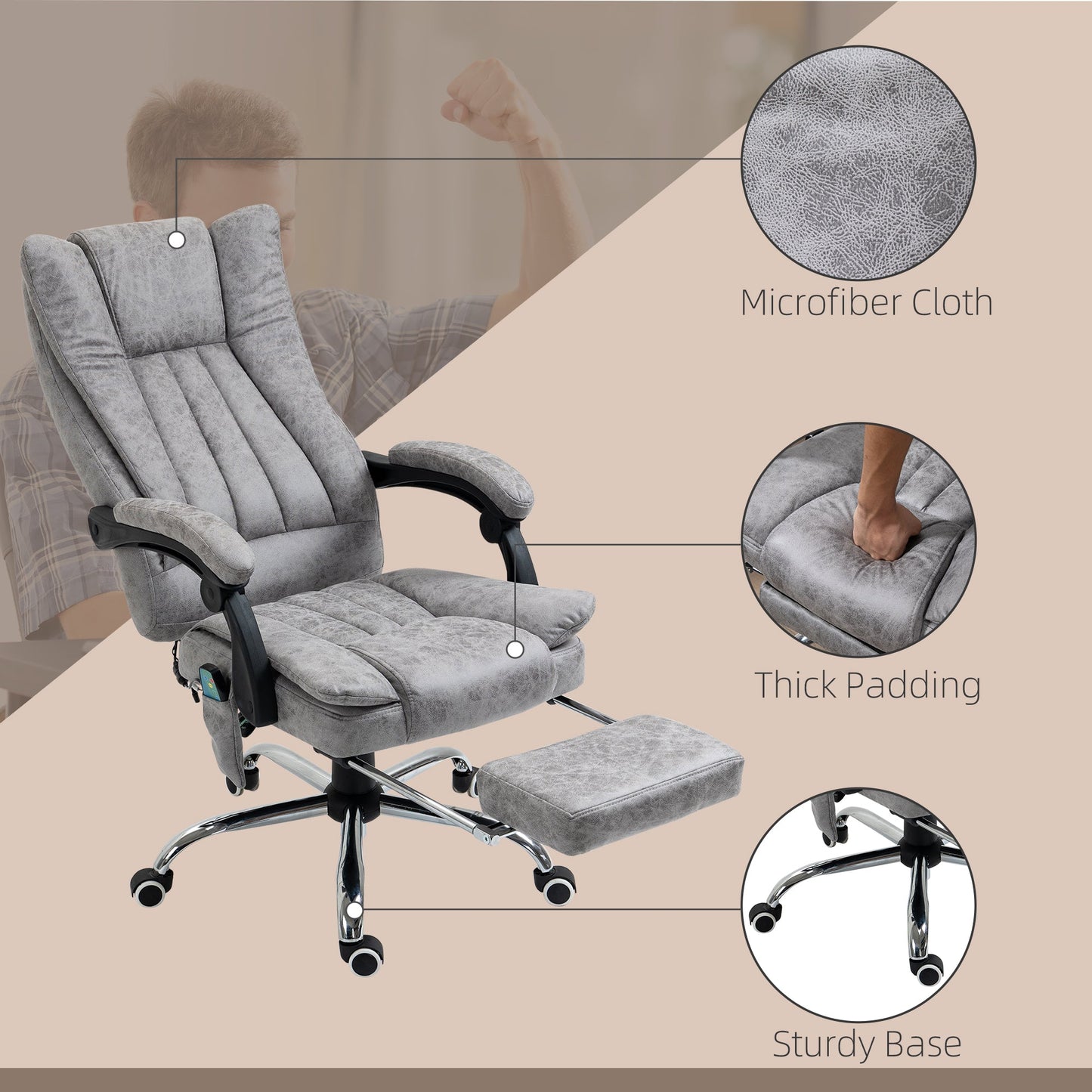 Vinsetto Office Chair with Massage and Heat, Microfibre Reclining Computer Desk Chair with Footrest and Adjustable Height, Swivel Wheels for Home Office, Grey