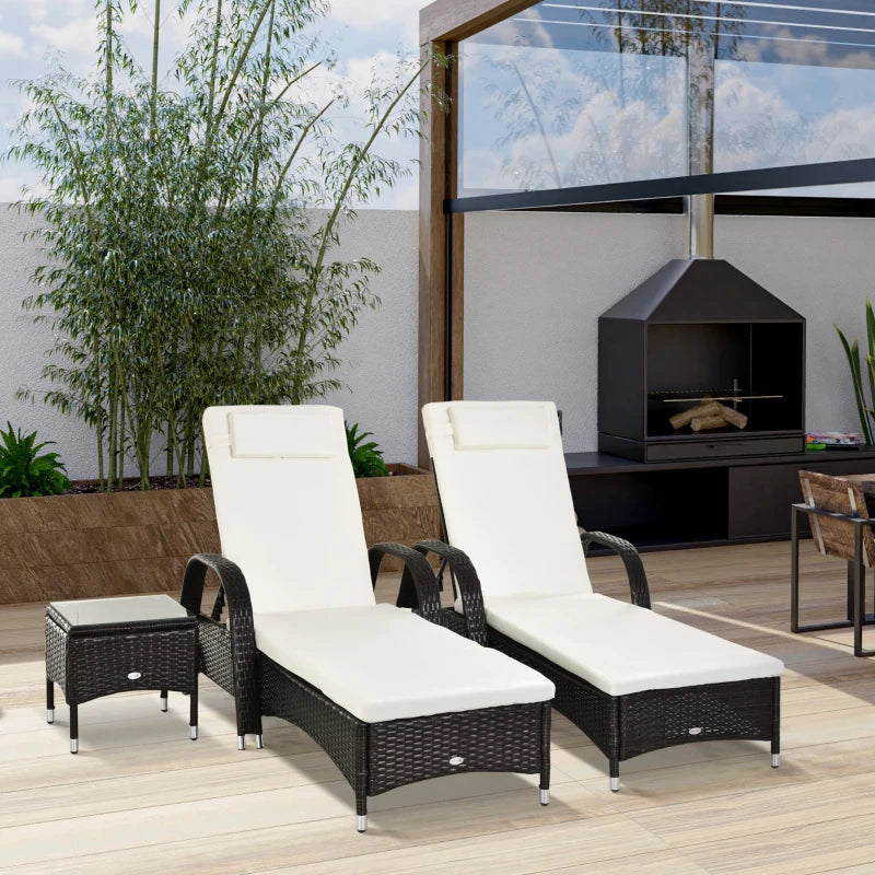 Boro 2 Seat Rattan Reclining Sun Lounger with Side Table Set Brown, Grey, Black