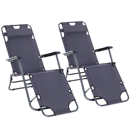 Outsunny 2 in 1 Folding Sun Lounger Reclining Garden Chair Set of 2 with 2-Level Adjustable Backrest, Outdoor Zero Gravity Recliner Garden Chairs with Head Pillow and Armrests, Grey