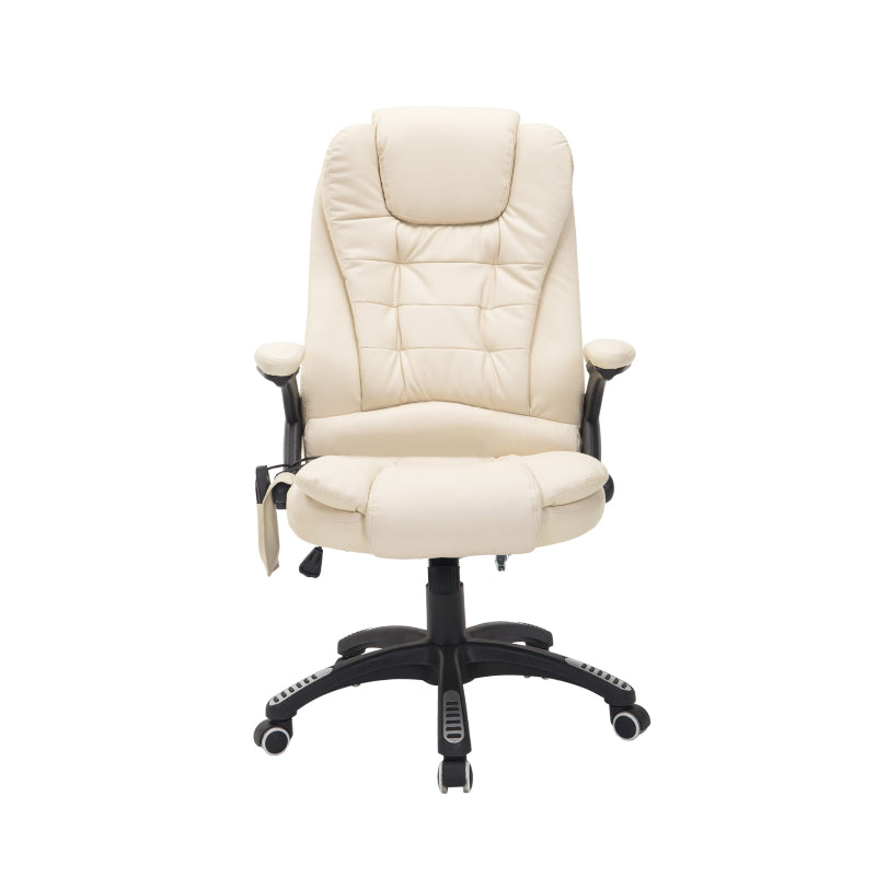 HOMCOM 6-Point Massage Office Chair with Seat Heated for Home Office, PU Leather High Back Executive Desk Chair with Adjustable Height and 360 Swivel for Work Study, Beige