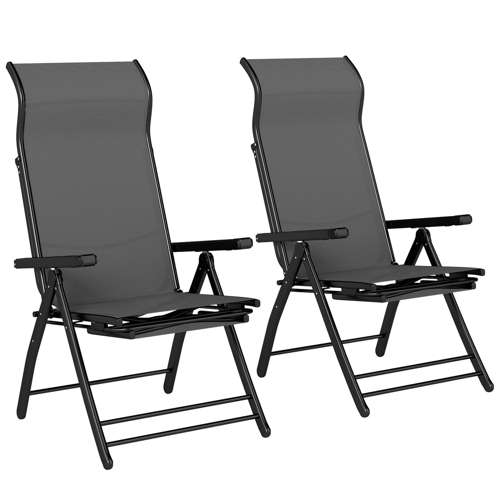 Outsunny Reclining Garden Chairs Set of 2, 5-Position Folding Sun Loungers with High Back, Retractable Footrest, Dark Grey