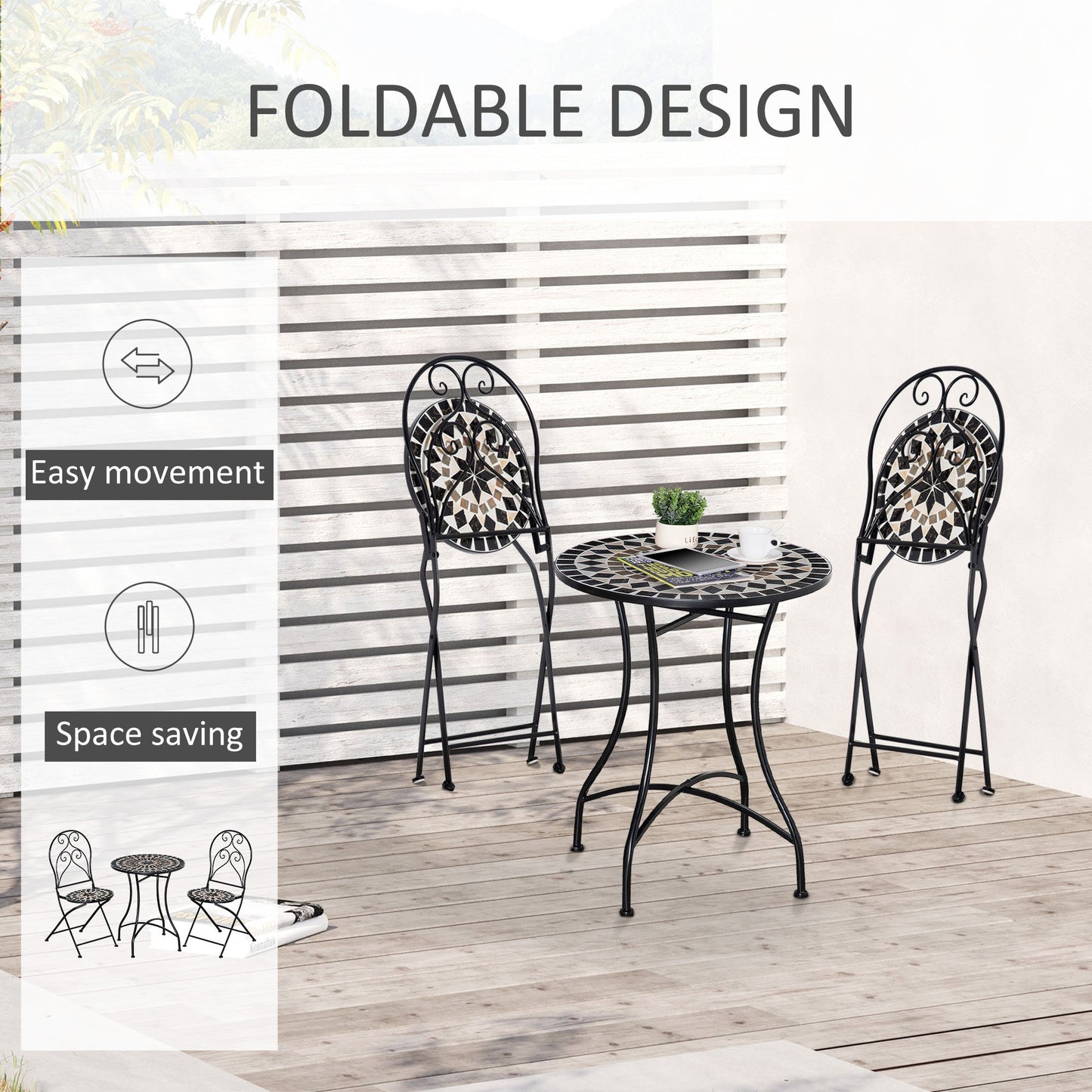 Outsunny 3 Pieces Garden Bistro Set with Coffee Table and 2 Folding Single Chairs, Mosaic Garden Table Top and Seats, Metal Frame, for Patio Balcony, Black