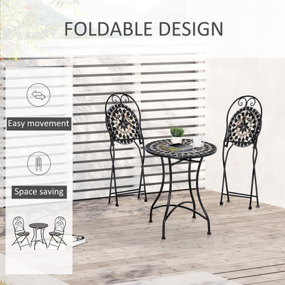 Outsunny 3 Pieces Garden Bistro Set with Coffee Table and 2 Folding Single Chairs, Mosaic Garden Table Top and Seats, Metal Frame, for Patio Balcony, Black