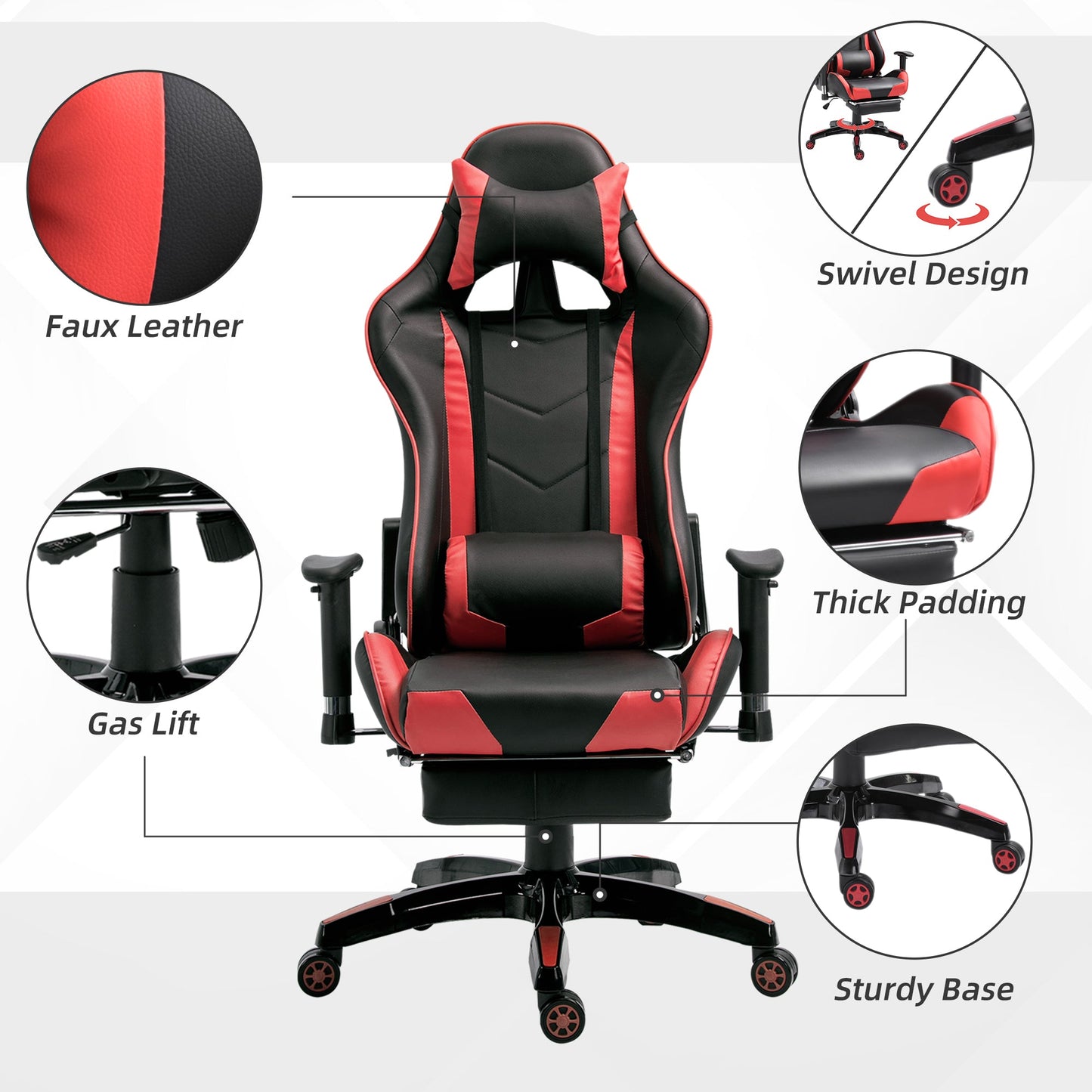 HOMCOM High-Back Gaming Chair Swivel Home Office Computer Racing Gamer Recliner Chair Faux Leather with Footrest, Wheels, Red Black