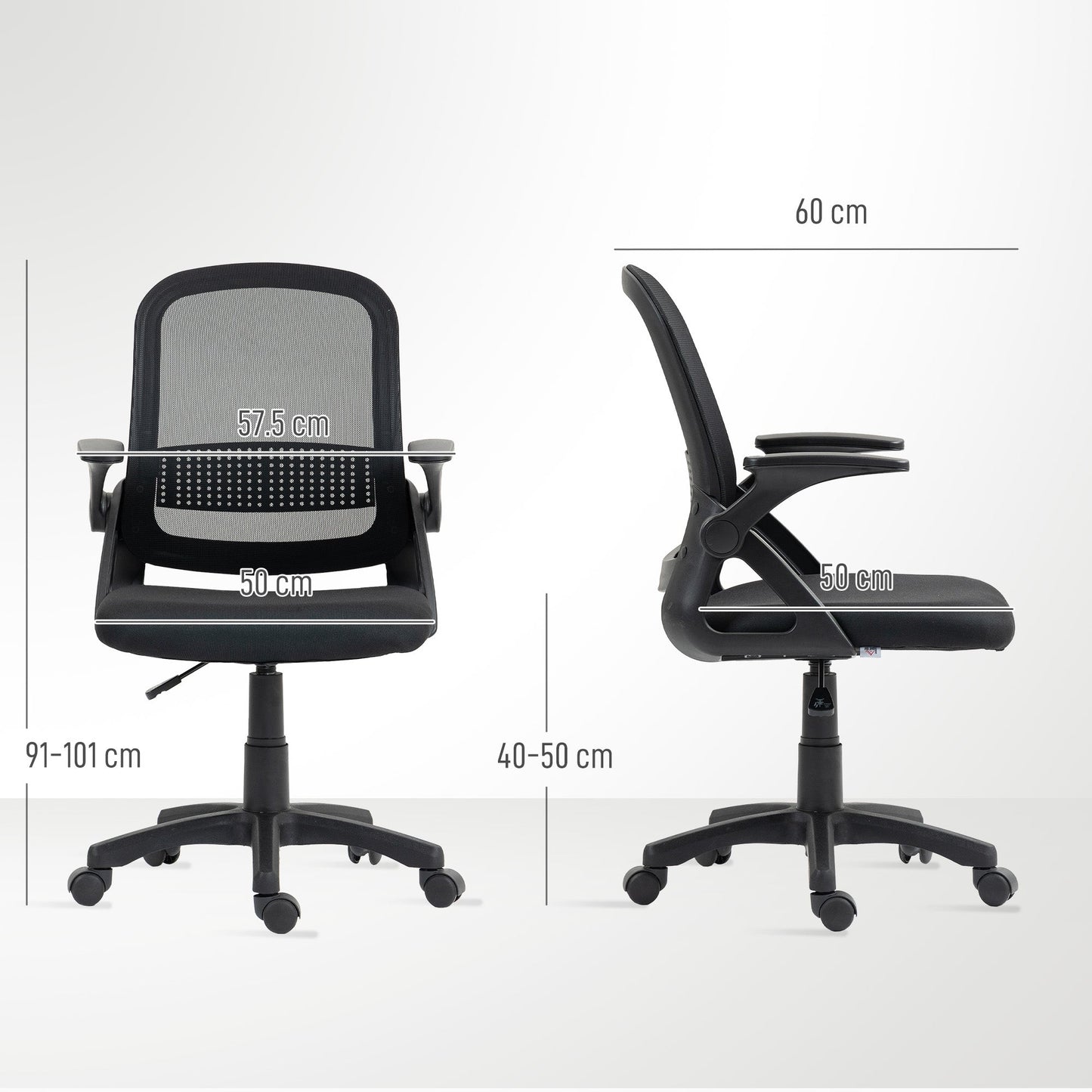HOMCOM Breathable Mesh Office Chair, Ergonomic Swivel Computer Chair with Flip-up Armrests, Lumbar Back Support for Home/Office, Black