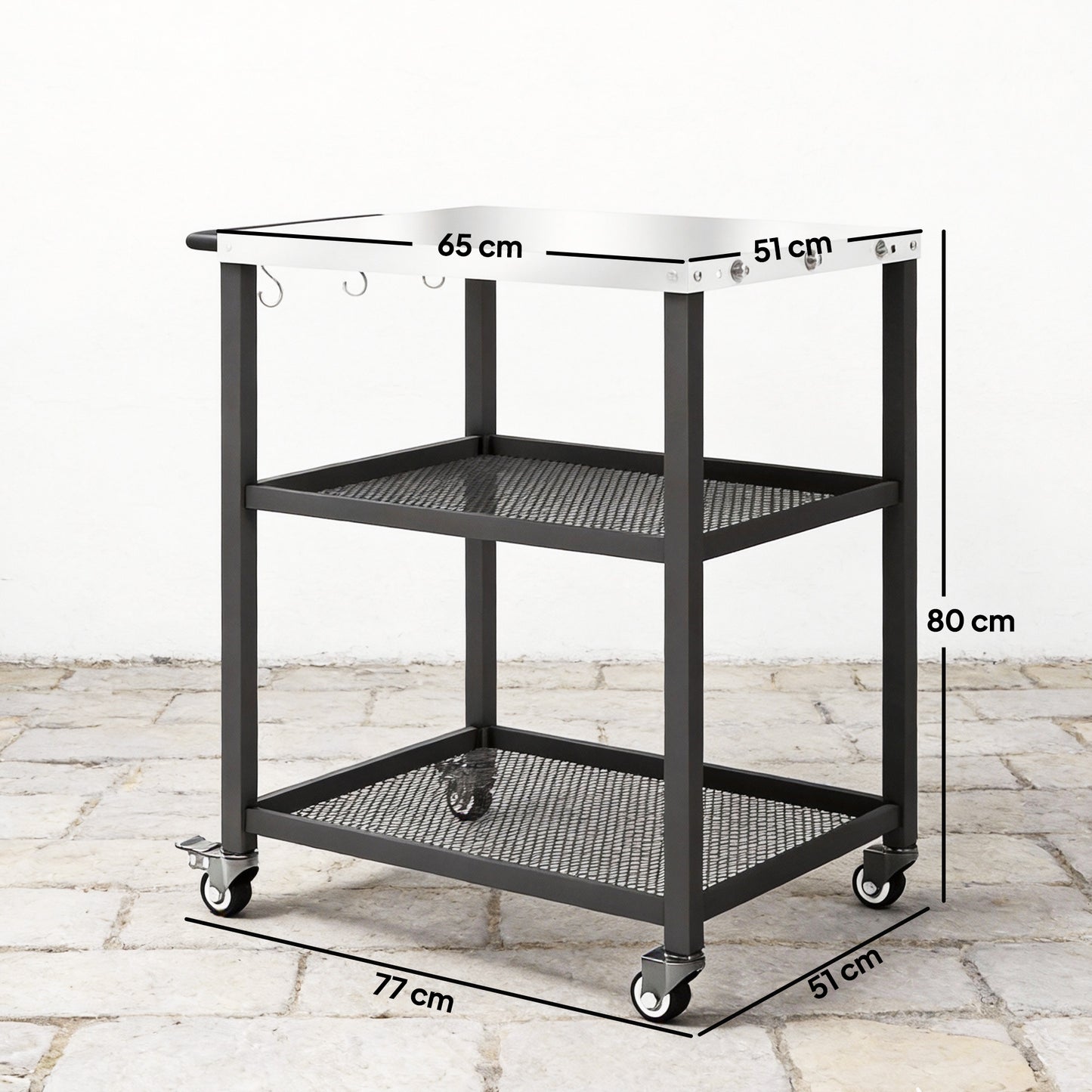 Outsunny Outdoor Grill Cart with Stainless Steel Tabletop, 3-Tier Pizza Oven Stand with Adjustable Shelf, Hooks, Wheels, Black