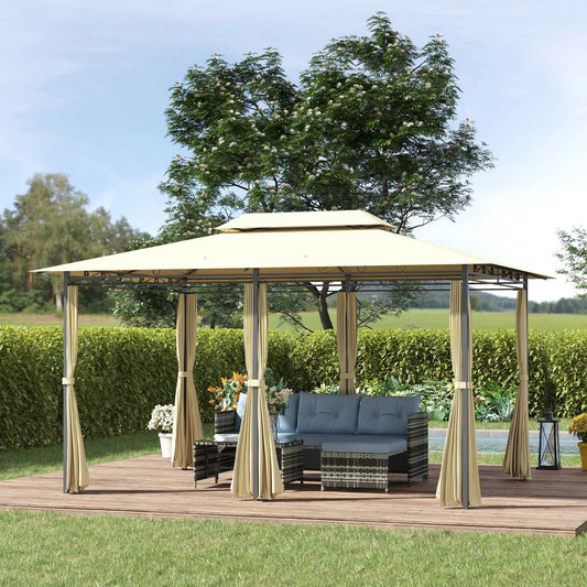 Outsunny 4x3m Gazebo with Curtains, Double Roof Outdoor Shelter for Garden, Solid Steel Frame, Perfect for Lawn & Deck, Beige