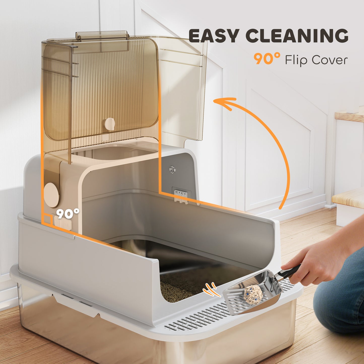 PawHut XXL Stainless Steel Cat Litter Tray, Enclosed Cat Litter Box with 90Â° Flip Cover, Double Doors, Scoop, Easy Clean, Grey