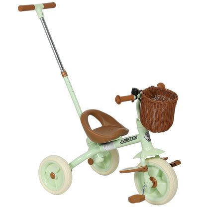AIYAPLAY 2-In-1 Toddler Trike for 2-5 Years Old, 3 Wheel Bike with Adjustable Parent Handle, Basket for Boys and Girls, Green
