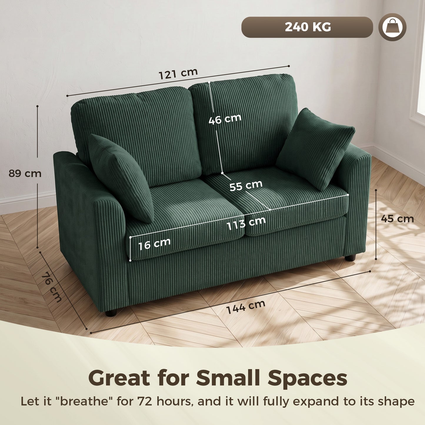 HOMCOM 2 Seater Sofa, Corduroy Small Couch with Spring Cushion, Wide and Deep Seat, Dark Green